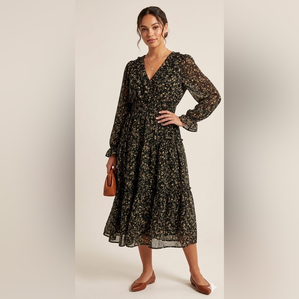 By The River Black Floral Midi Dress Long Sleeve V Neck Smocked Waist Boho SMALL